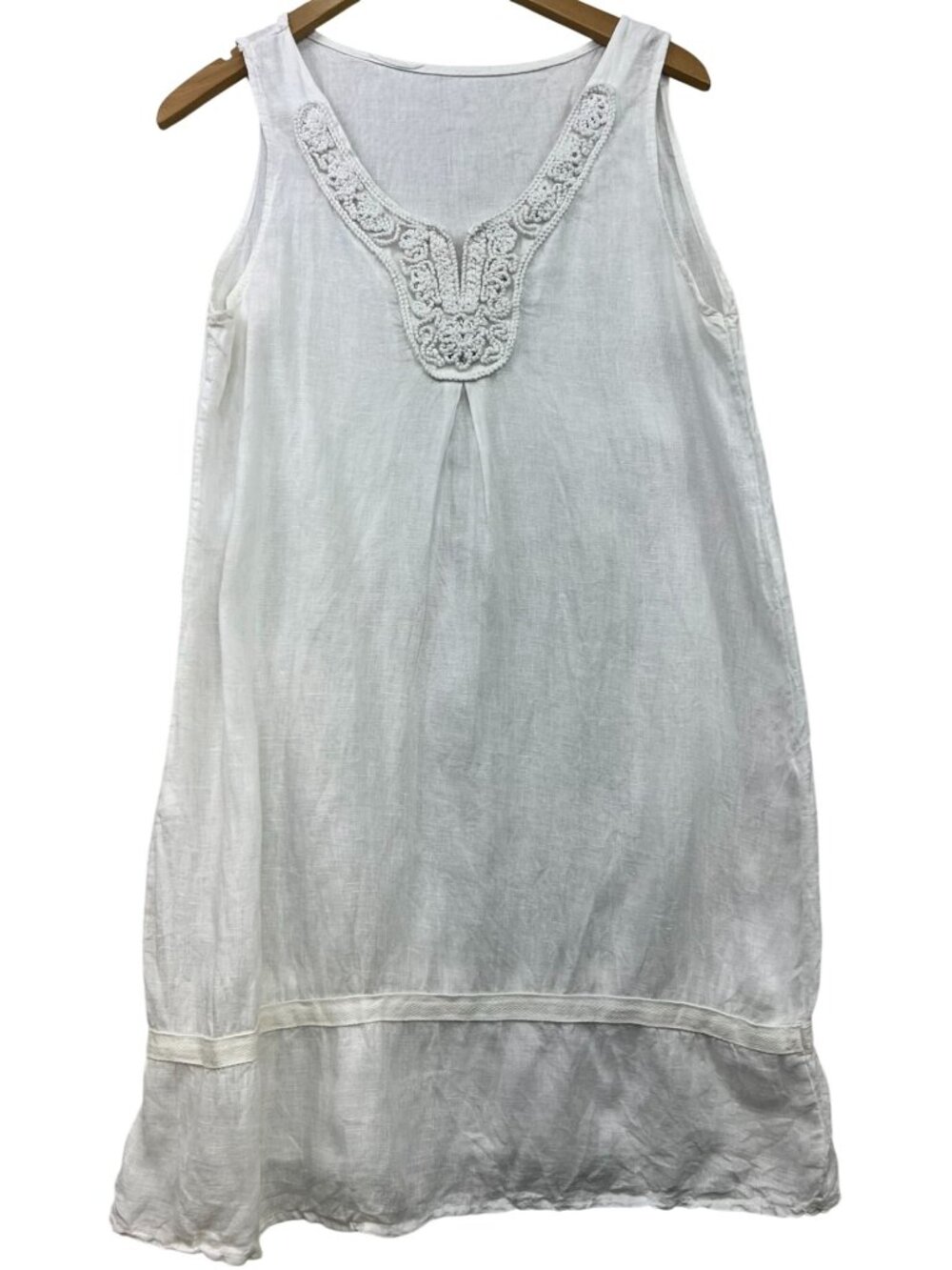 Womens Linen Crochet V Neck Shift Dress Sleeveless Summer Size M White